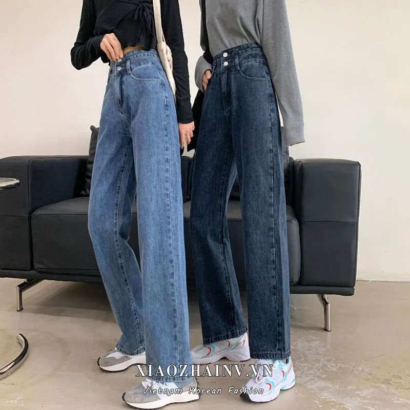 Xiaozhainv Quần jeans lưng cao ống rộng phong cách Hàn Quốc