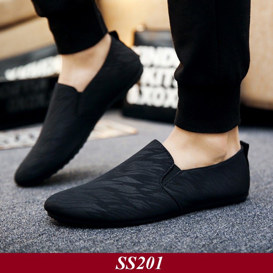 Tặng Lót Da Bò Khử Mùi Cao Cấp Giày Lười Vải Nam Hàn Quốc Giày lười vải phong cách Màu Đen SS2001