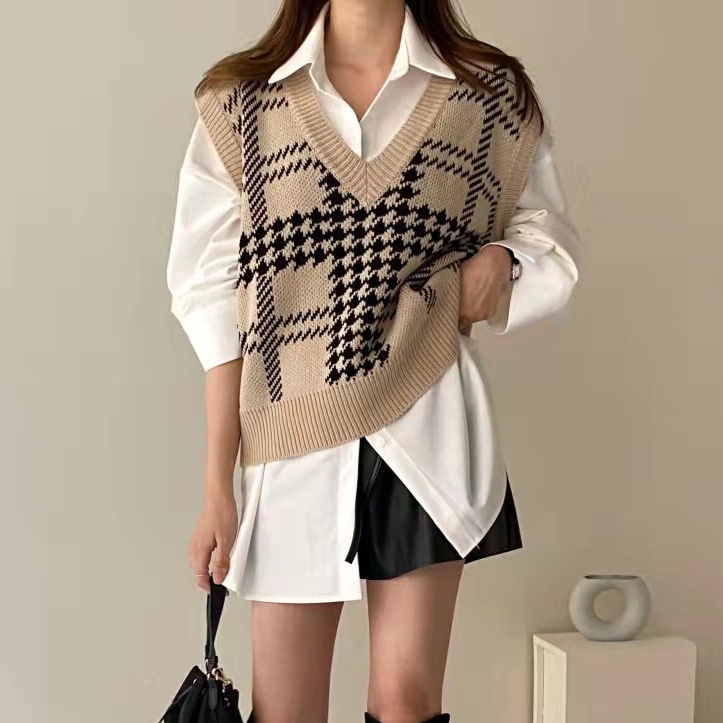 SUXI Áo dệt kim không tay cổ chữ v phong cách hàn quốc cho nữ