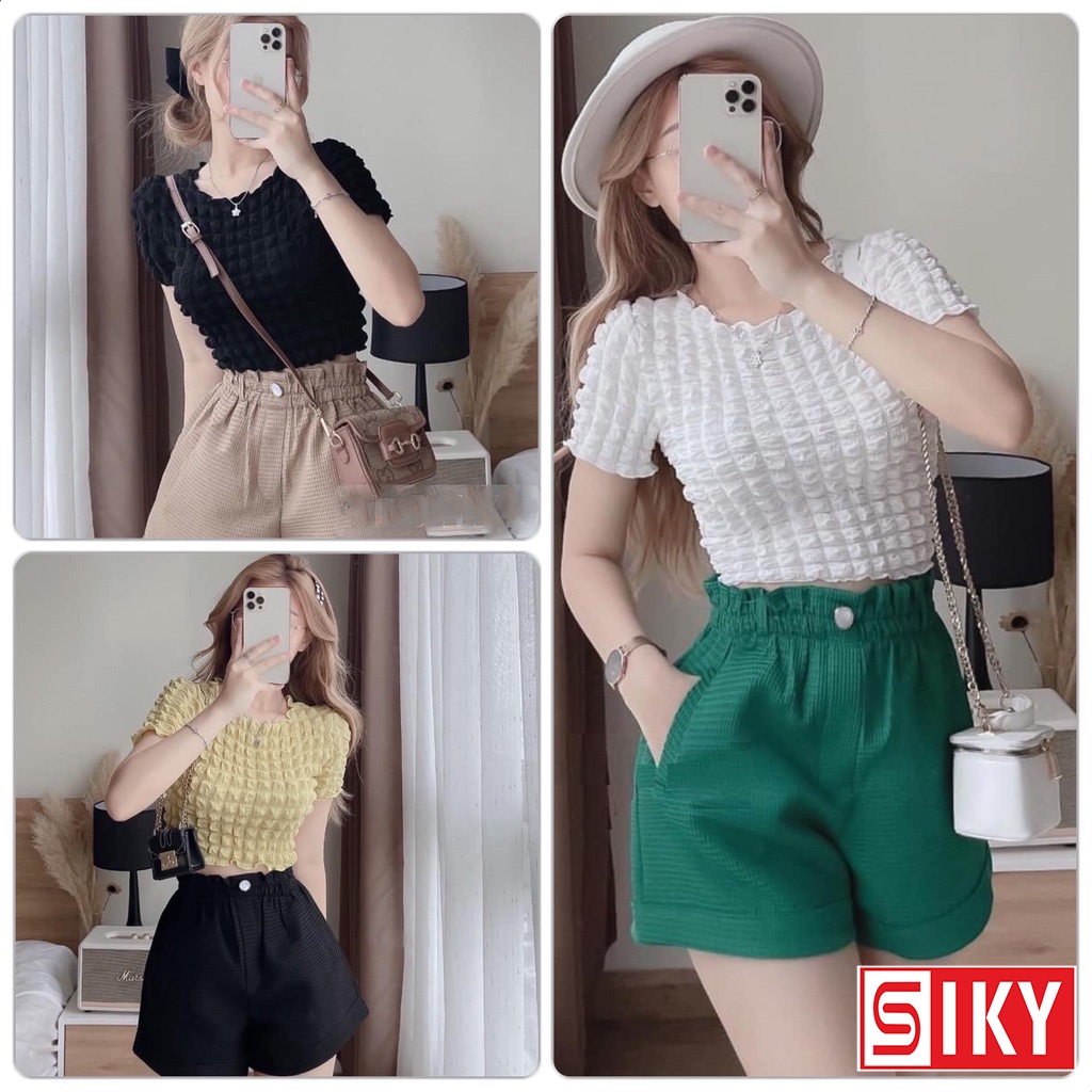 Áo Croptop Chất Caro Xốp SIKY Nữ cộc tay dáng ôm viền bèo N15