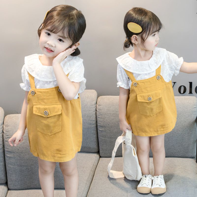 Set Đồ Mùa Hè 2 Món Gồm Áo Tay Cộc Và Váy Yếm Có Dây Buộc Phong Cách Hàn Quốc Cho Bé Gái