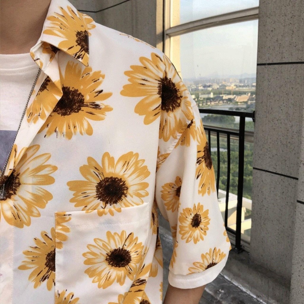 Áo sơ mi unisex chiffon tay ngắn in họa tiết hoa cúc có thể mặc cặp mặc nhóm vải mềm mịn thoáng mát | BigBuy360 - bigbuy360.vn