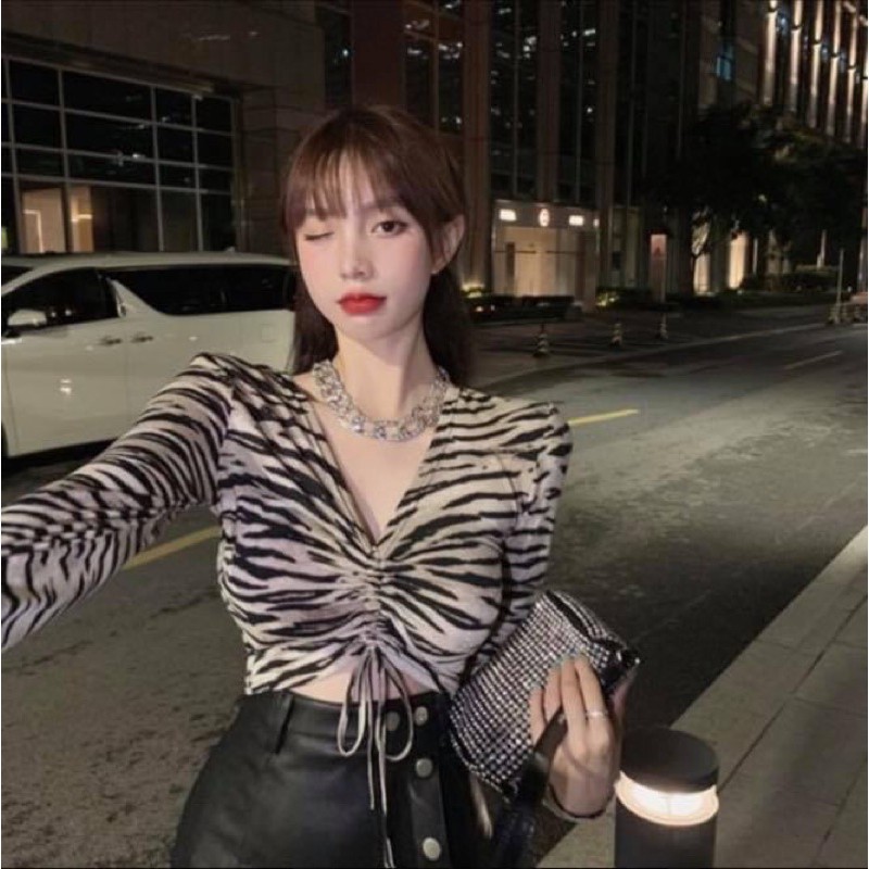 Áo kiểu croptop nữ tay dài ôm vằn da beo dây rút ngực - Order taobao quảng châu