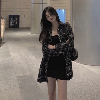 Áo khoác sơ mi vải dạ tweed form rộng phong cách Hàn Quốc