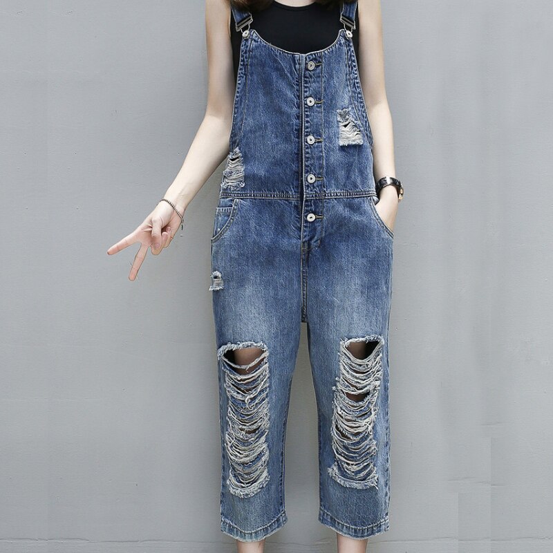 New 2018 Fashion Women Hole Overall Jeans Jumpsuit Suspender Loose Ripped Overalls Jeans For Women Buckled Ankle-Length Overalls