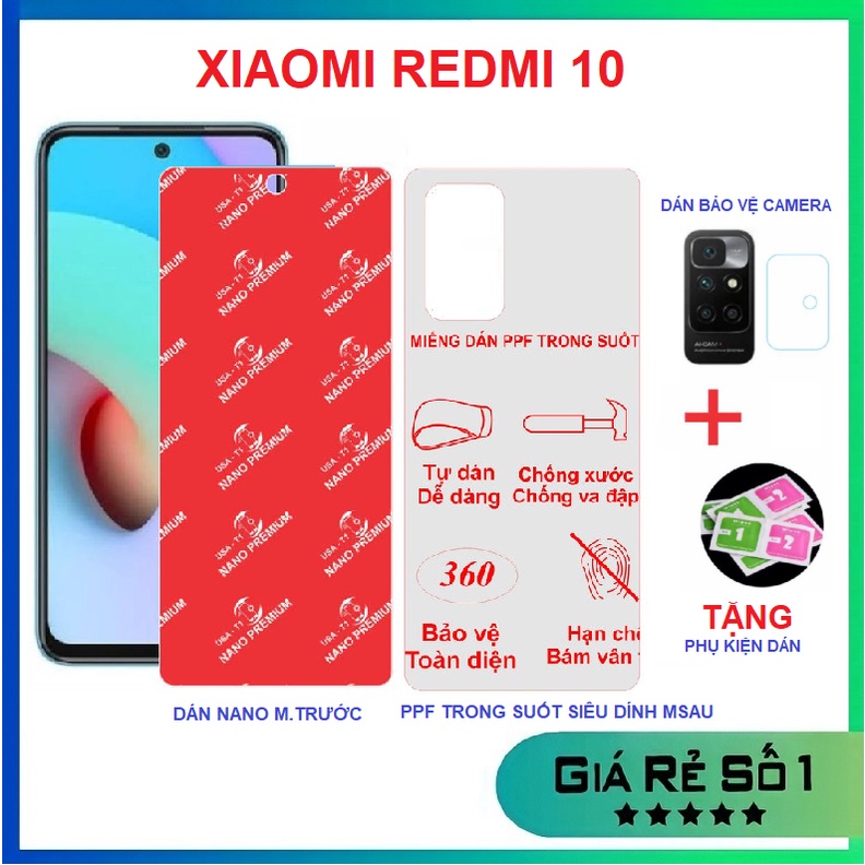 Combo Xiaomi Redmi 10 Dán cường lực dẻo nano mặt trước + Dán PPF mặt sau trong suốt siêu dính tặng dán bảo vệ camera
