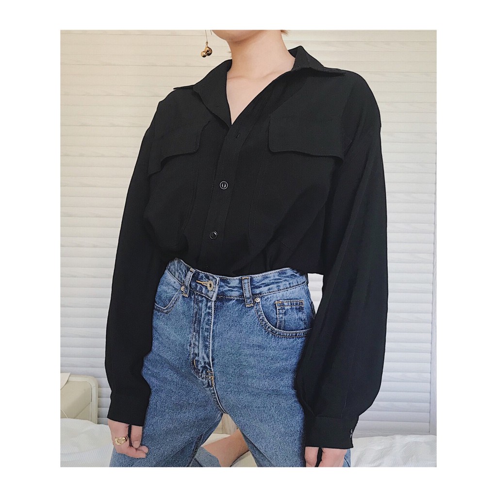 Sơ mi lụa basic màu đen 2 túi ngực A078