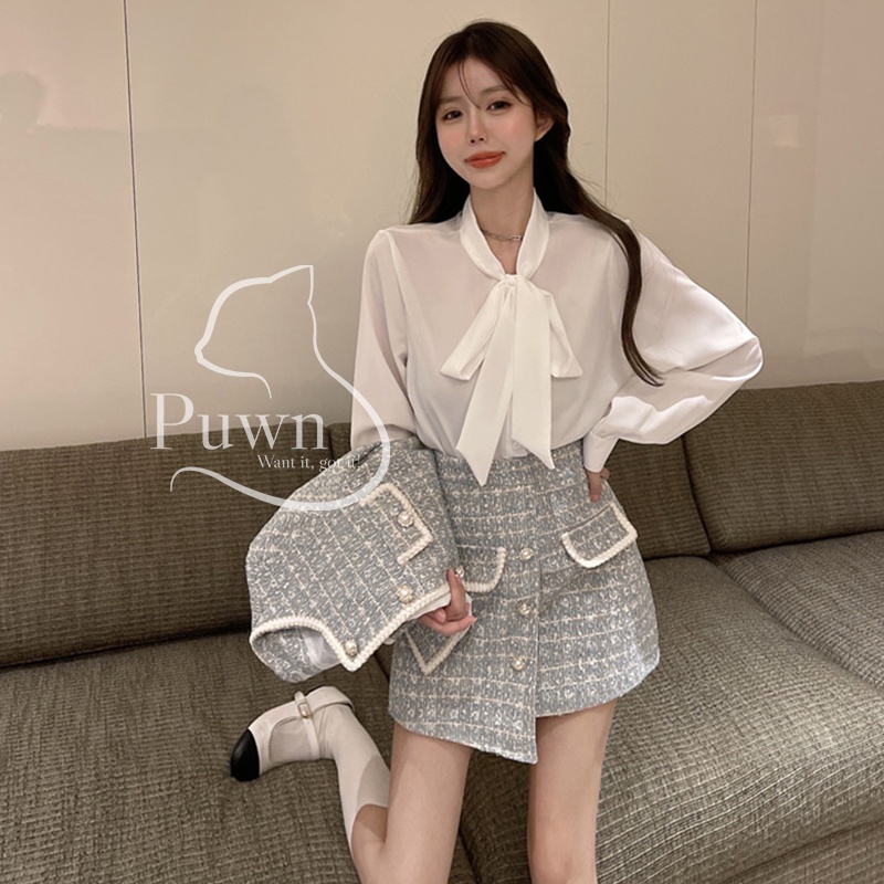 Set váy dạ tiểu thư thanh lịch áo vest kết hợp chân váy xéo Puwn Shop