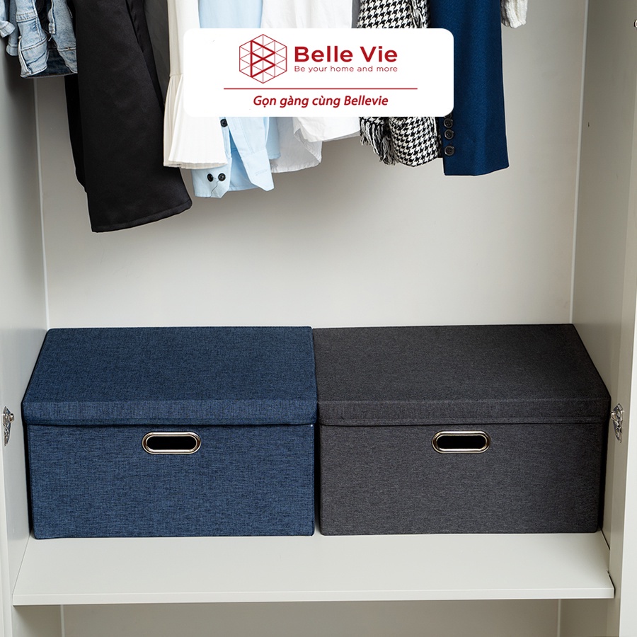 Hộp Vải Đựng Quần Áo Gấp Gọn BELLEVIE Hộp Đựng Đồ Đa Năng Có Nắp Quai Inox Chắc Chắn và 2 Quai Vải HVCN-QInox