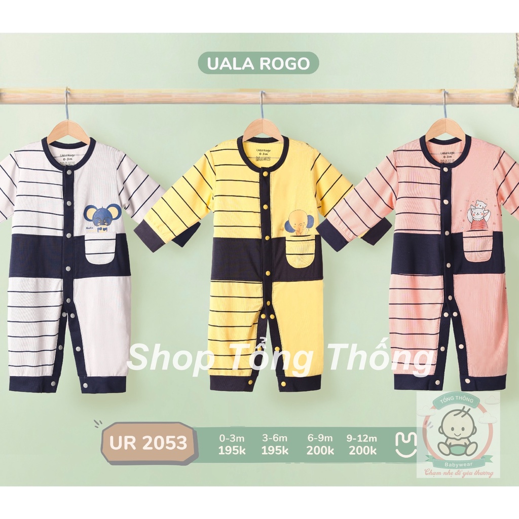 Bộ Uala Rogo chất vải Bamboo cao cấp Body dài tay cài giữa kẻ sọc in 2 gấu sơ sinh cho bé trai bé gái 2053