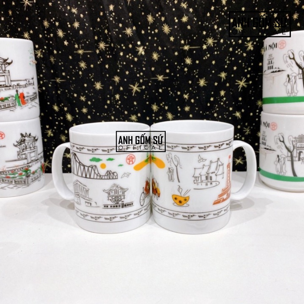 Cốc gốm chủ đề Hà Nội, ca uống nước có quai gốm Bát Tràng hàng cao cấp (chọn mẫu)