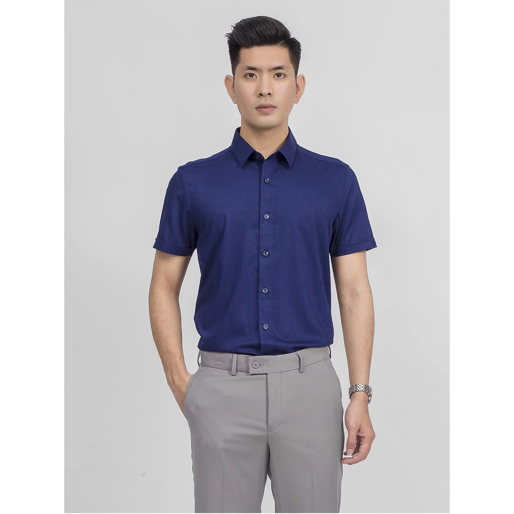 Áo Sơ Mi Nam Tay Ngắn Aristino ASS021S9 Màu Xanh Tím Than Solid Dáng Slim Fit Chất Liệu Sợi Sồi