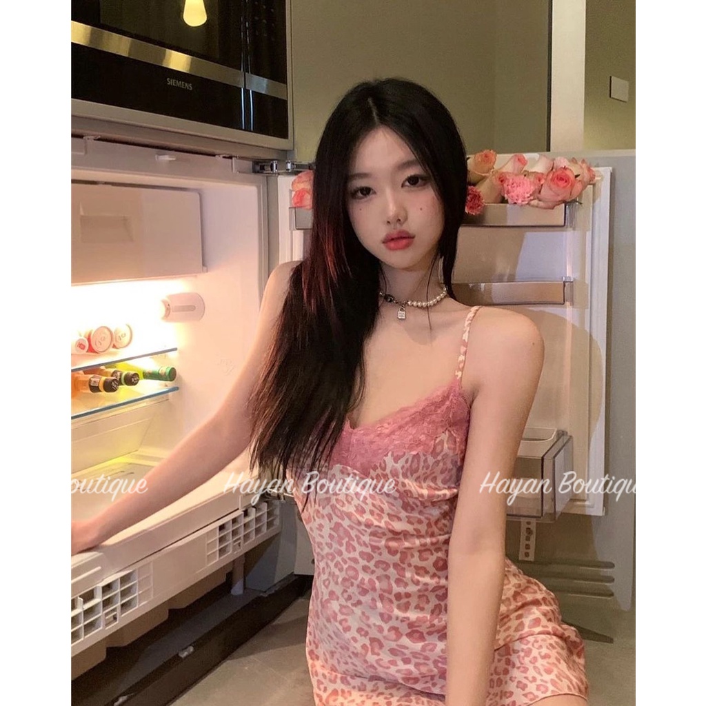 HT46 Váy ngủ sexy lụa da beo HỒNG sang chảnh kèm ĐỆM LÓT, đầm ngủ quyến rũ HT46 MÚT