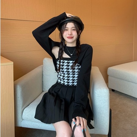 QADCOL Set áo hai dây và áo sweater dệt kim dài tay lệch tà thời trang dành cho nữ (đặt hàng riêng)