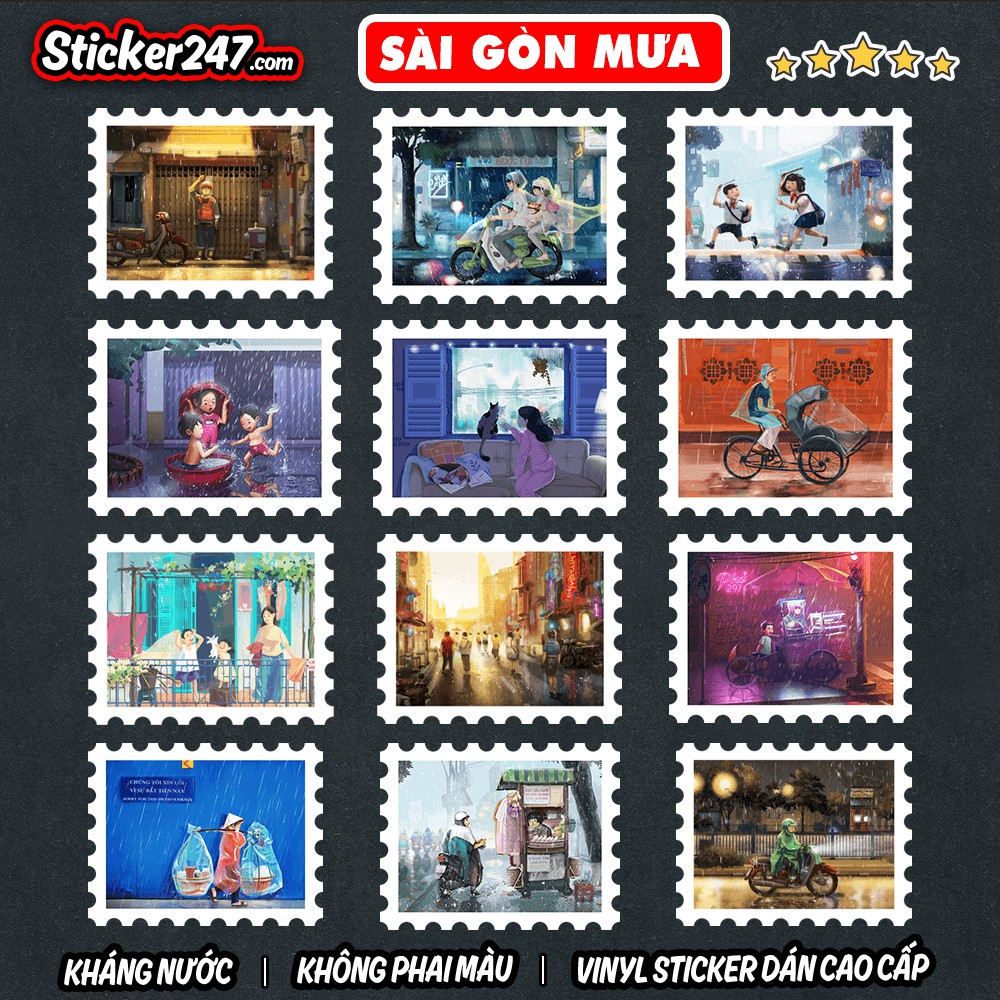 Sticker Sài Gòn Mưa  𝑭𝒓𝒆𝒆𝒔𝒉𝒊𝒑 chống nước hình dán mũ bảo hiểm, xe, vali, đàn, laptop, ván trượt, ipad