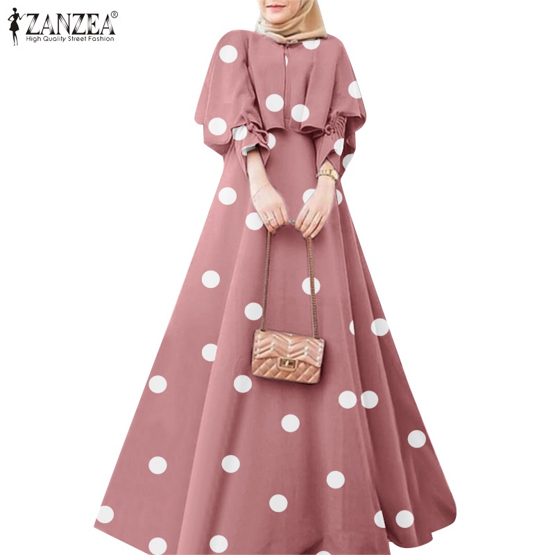 Đầm maxi ZANZEA tay dài họa tiết chấm bi thời trang cho nữ