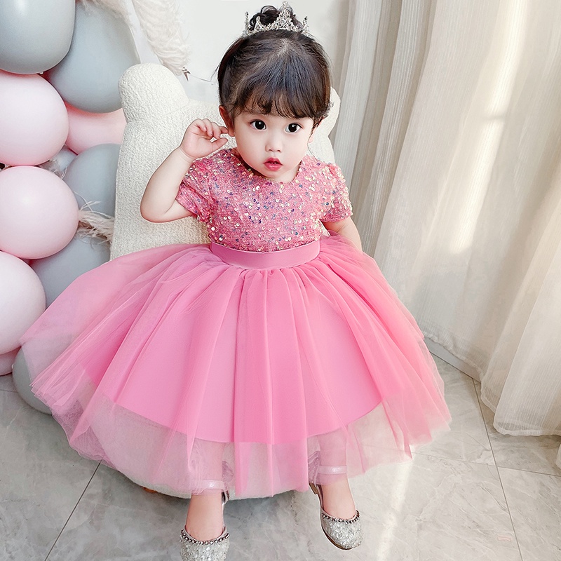 Đầm công chúa vải tuyn phối nơ đính kim sa lấp lánh thời trang mùa hè đáng yêu cho bé gái