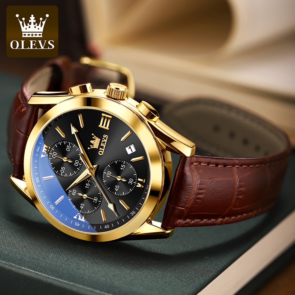 OLEVS 2872 Watch Men's Leather Strap Genuine Waterproof Luminous Wear-resistant Calendar Three-eye Chronograph Dial Multi-function Business Style