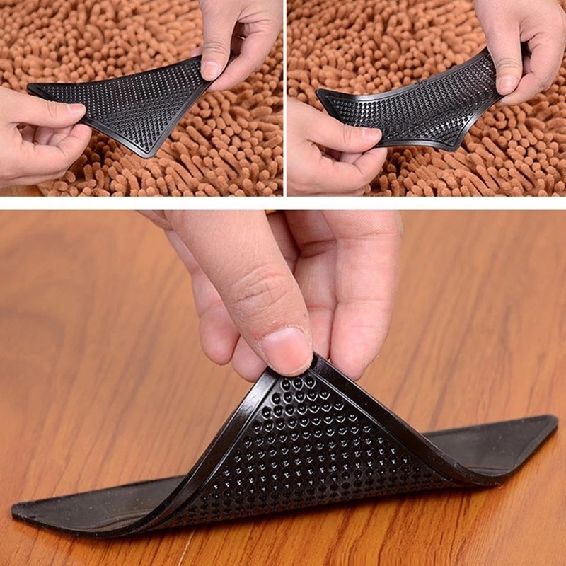 Set 4 Miếng Dán Bằng PU Hình Tam Giác Chống Trượt Màu Đen Có Thể Tái Sử Dụng Cho Thảm Lót Sàn Nhà