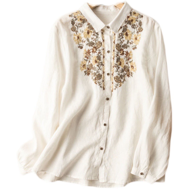 Ice retro embroidered flower linen blouse cotton linen long-sleeved shirt high-end brand cut label