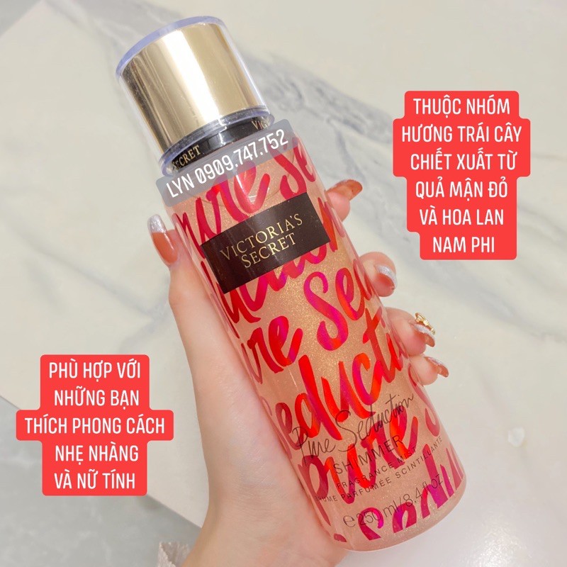 [AUTH - VIC 250ml] Nước Hoa Xịt Toàn Thân Victoria’s Secret Pure Seduction Nhũ Kim Tuyến Fullsize VS Body Mist Nữ
