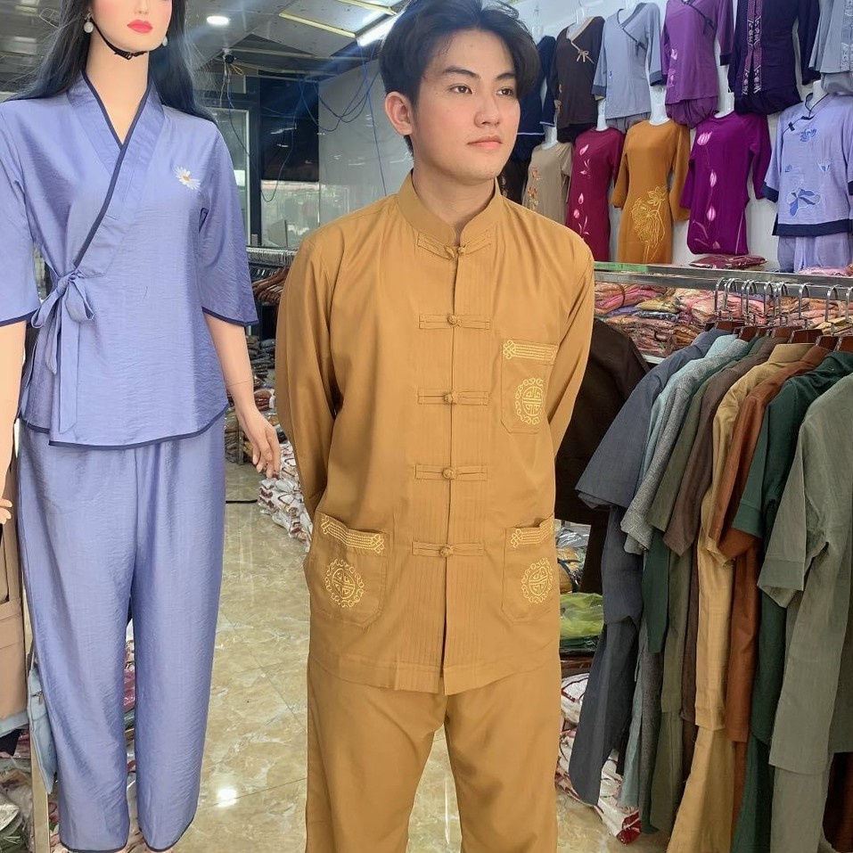 Bộ đồ lam nam đi chùa, Quần áo lam Phật tử nam đi chùa Giản dị kín đáo nẫu thêu túi tay dài mã KAN05D