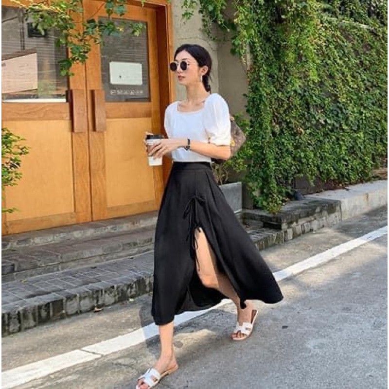 💃 Chân Váy Nữ Xẻ Vạt Cột Nơ Chất Đũi Màu Đen | BigBuy360 - bigbuy360.vn