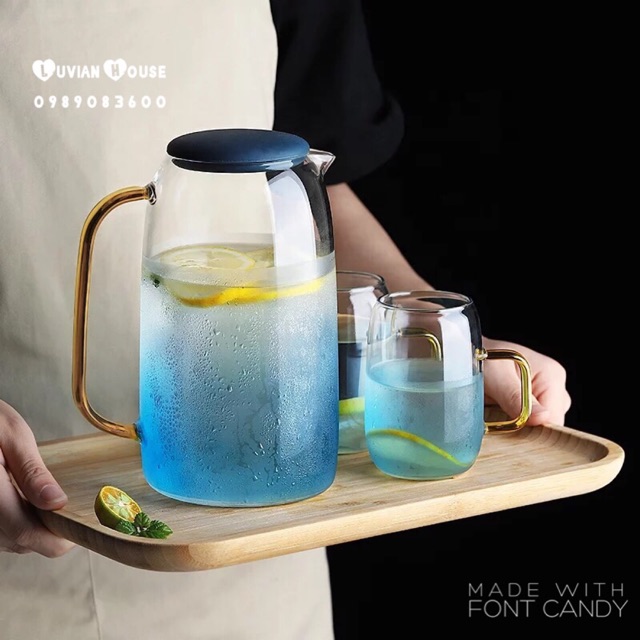 Set 1 Bình 2 Cốc Thủy Tinh Aqua Chịu Nhiệt