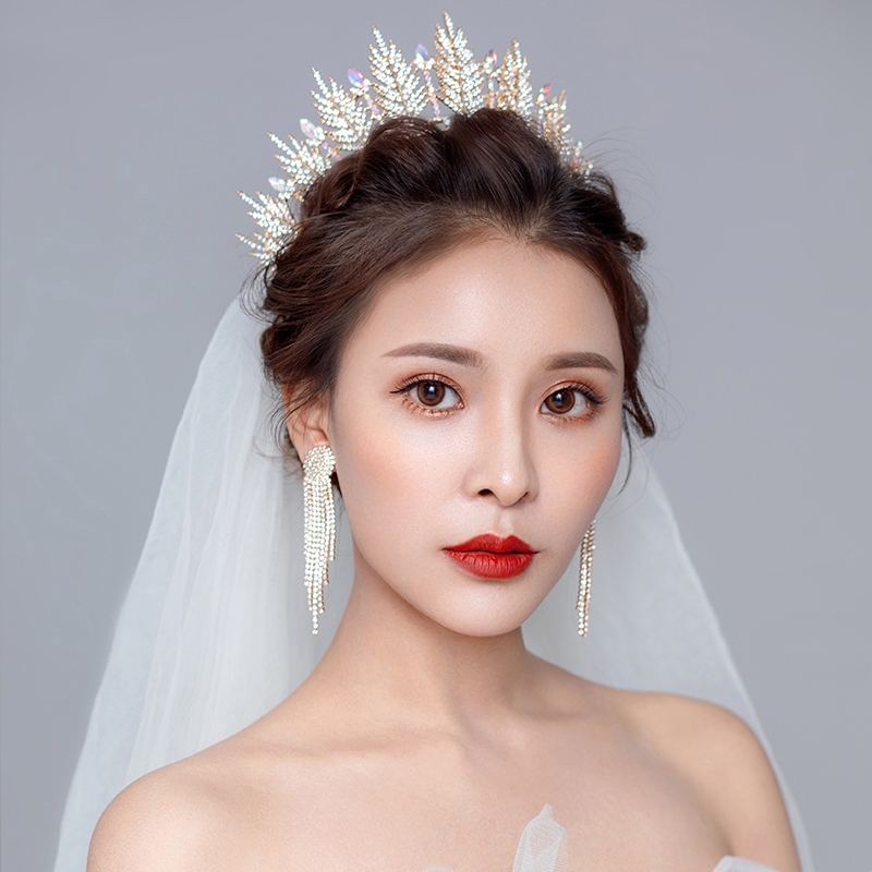 Bộ vương miện và khuyên tai đính đá pha lê sáng bóng phong cách công chúa thời trang cho nữ