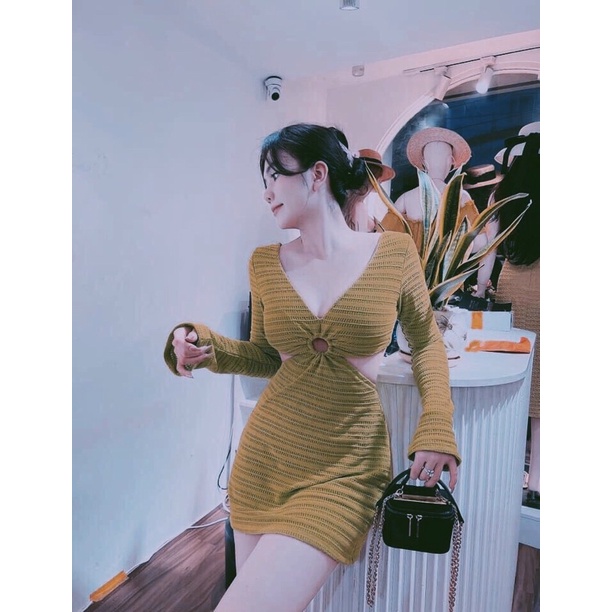 Đầm Ôm Body Khoét Eo Chất Dày Dặn , tay dài Cá Tính (Ảnh Tự Chụp) LY alohashop91