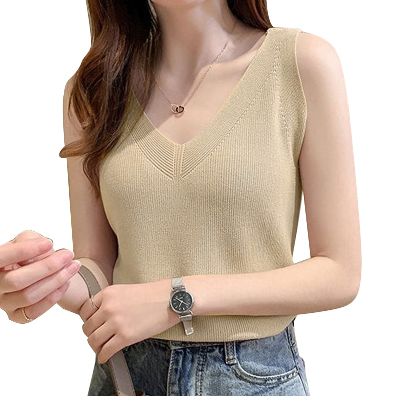 Áo Tank Top Dệt Kim Màu Trơn Cổ Chữ V Khoét Sâu Gợi Cảm Cho Nữ