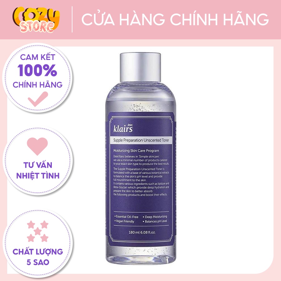 Nước hoa hồng Klairs Supple Preparation Facial Toner Dưỡng Ẩm, Chống Viêm 180ml Cozy Store SP000832 SP000104