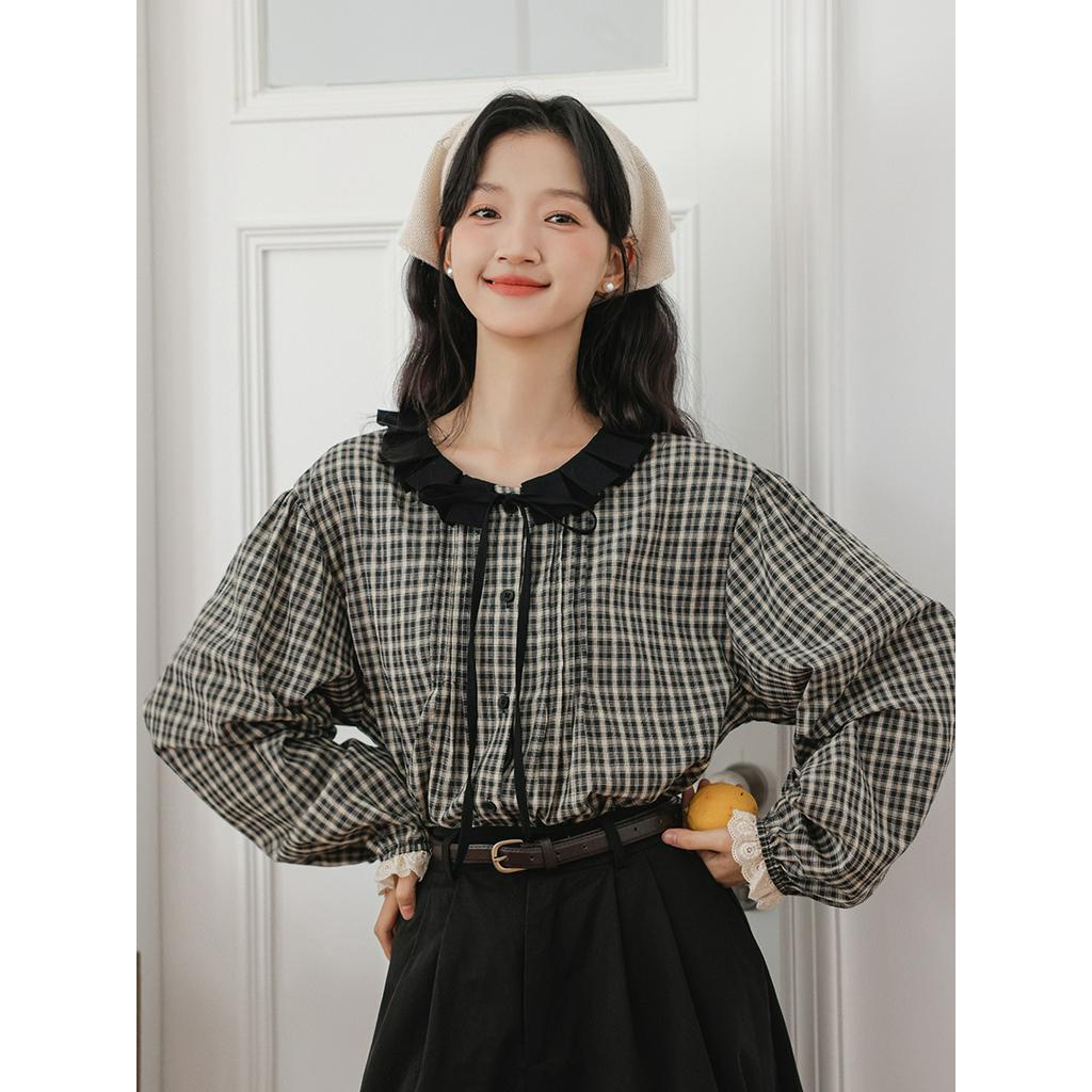 Áo Sơ Mi Sọc Ca Rô Màu Sắc Tương Phản Phong Cách retro Mùa Thu 67403