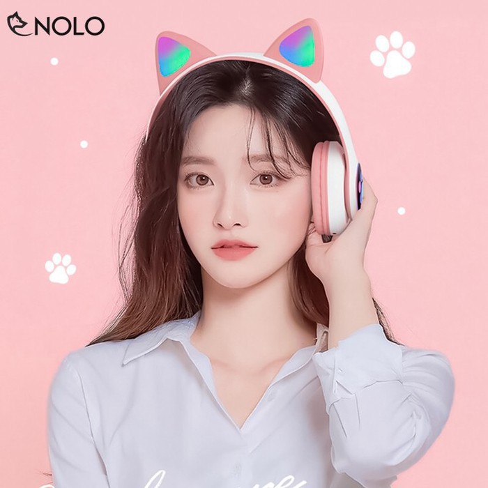 Tai Nghe Chụp Tai Headphone Bluetooth V5.0 Model VZVB29  Tai Mèo Có Đèn Led RGB Đổi Màu Hỗ Trợ Nghe Qua Dây Cắm