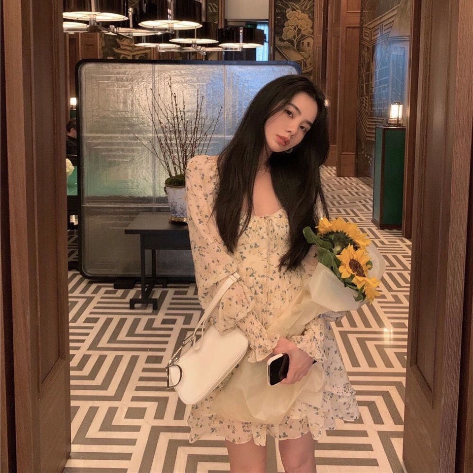 Đầm voan COZOKC cổ vuông in hoa xinh xắn thời trang cho nữ