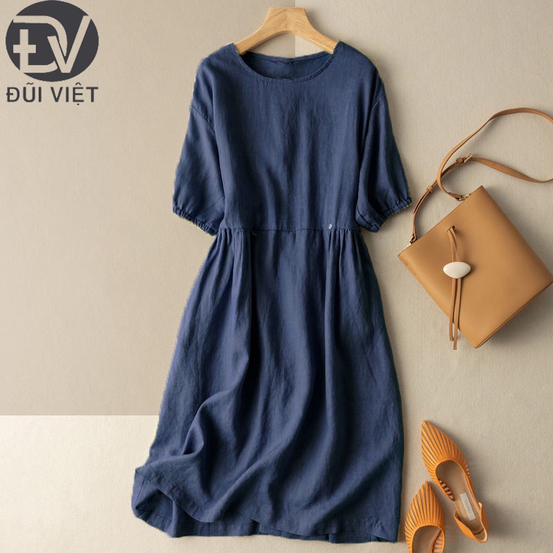 Váy linen dáng suông basic form rộng tay lỡ chun màu xanh đen Đũi Việt
