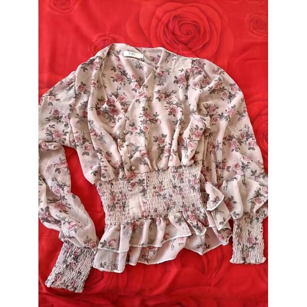 Áo Voan Hoa Tay Bồng Bo Chun Eo Dáng Peplum