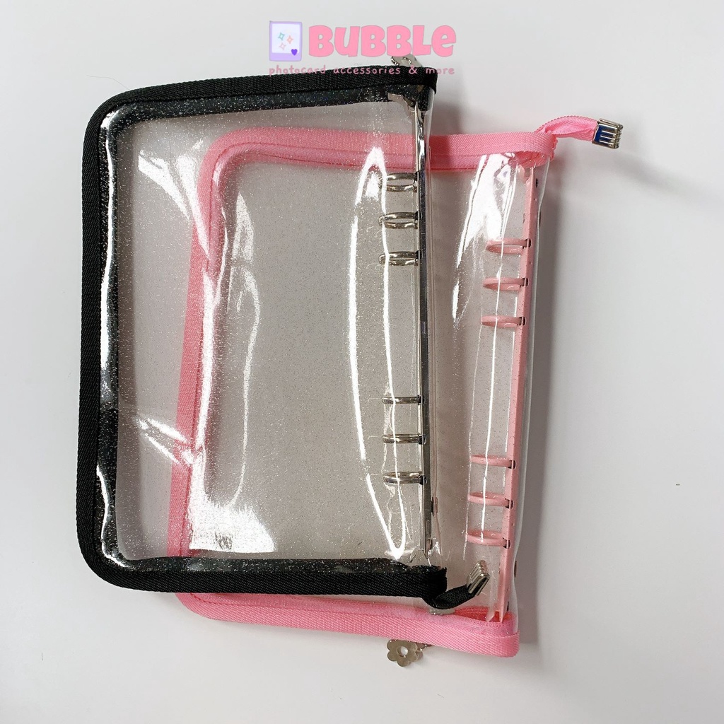 Binder dây kéo A5 bìa sổ còng sắt glitter nhựa dẻo sổ đựng card sheet photocard Kpop thẻ bài Anime màu hồng đen khóa kéo