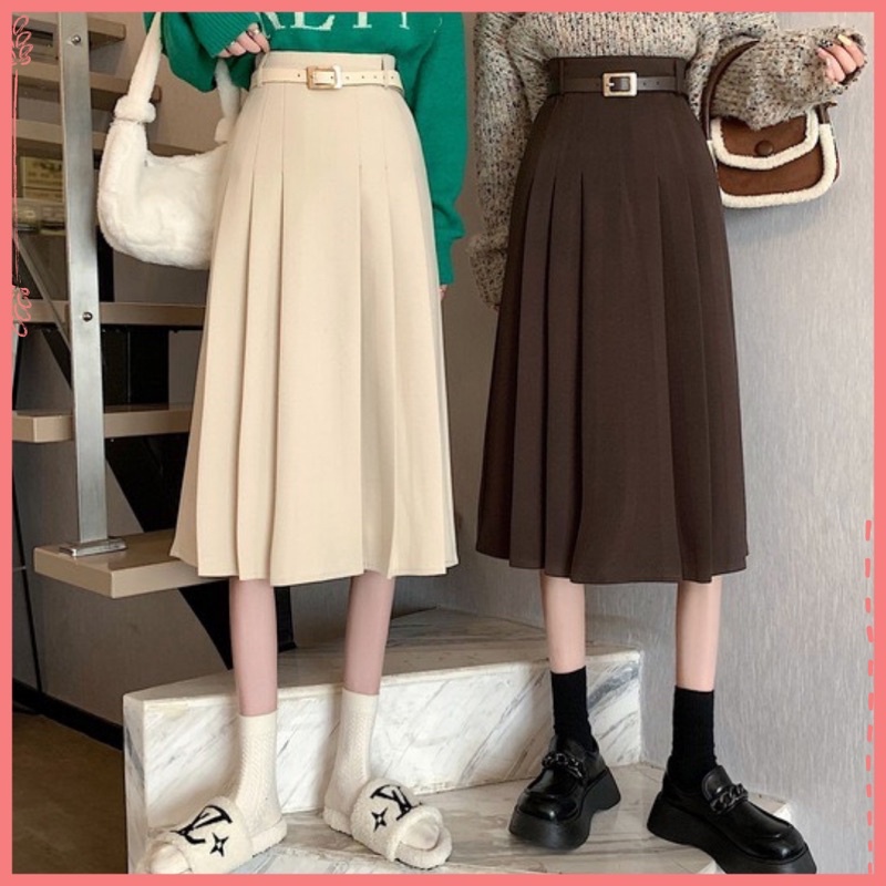 Chân váy dạ xếp li to kèm đai thắt vintage. Chân váy xoè công sở