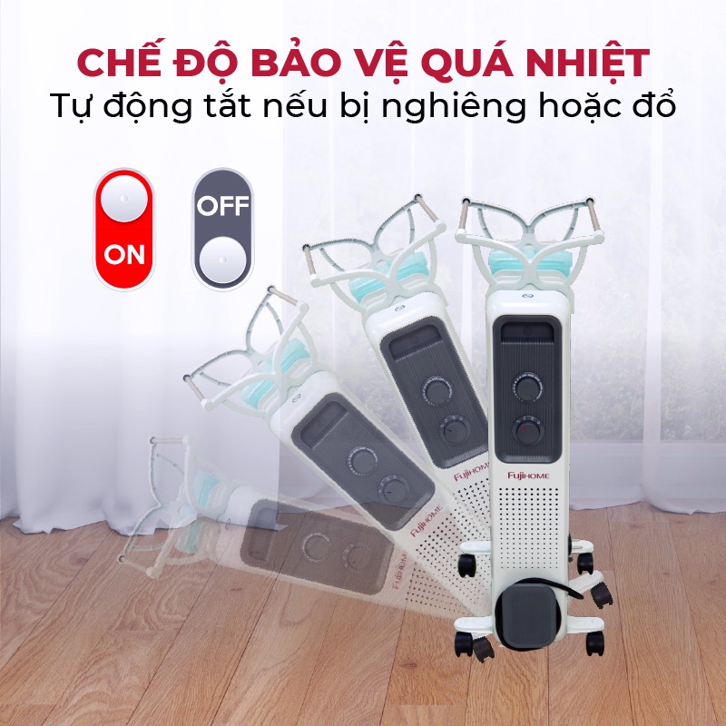 Máy sưởi dầu không đốt oxi không khô da CN Nhật Bản Nhập Khẩu FUJIHOME 11 thanh, sưởi điện tự động ngắt, Bảo hành 1 năm