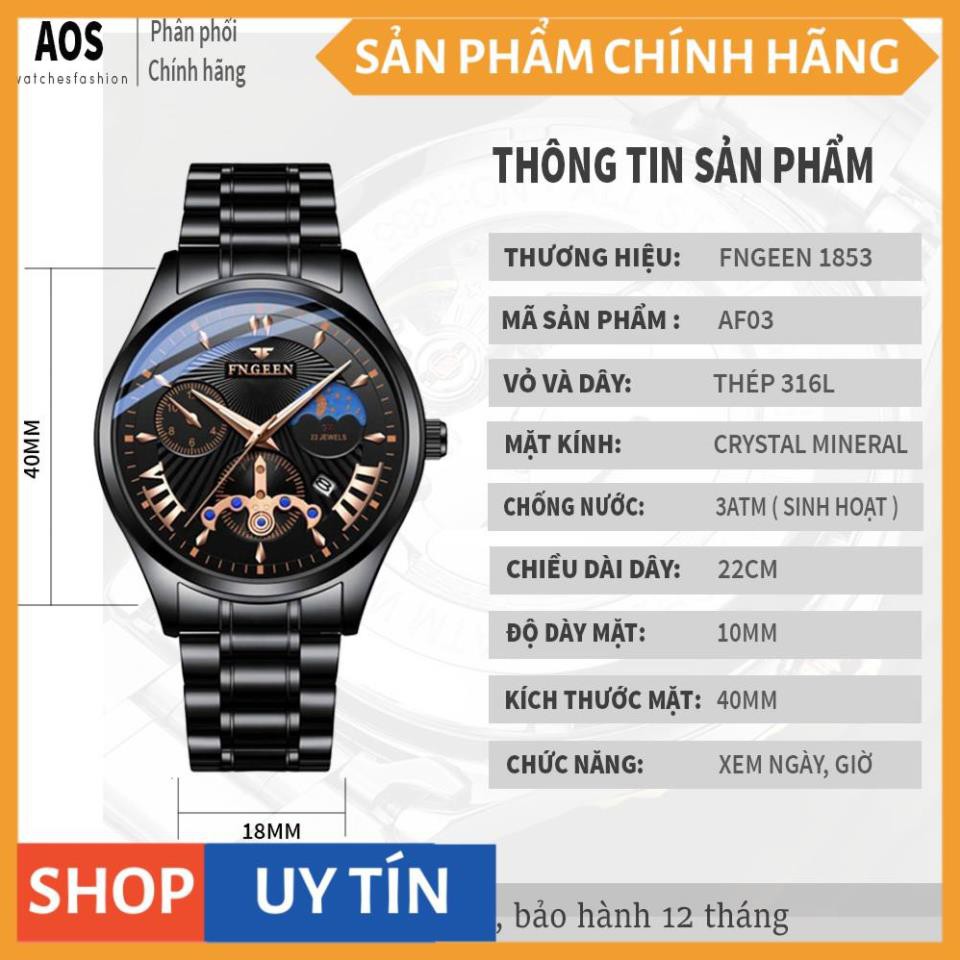 Đồng hồ nam chính hãng FNGEEN dây thép không rỉ, lên tay cực đẹp, giả cơ độc đáo (Tặng tháo mắc, vòng tỳ hưu, Mã: AF03)