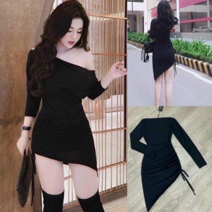 TSO-Ảnh thật Đầm body lệch vai rút dây cực sexy màu đen thun dẻo cao cấp thời trang sang chảnh TASA