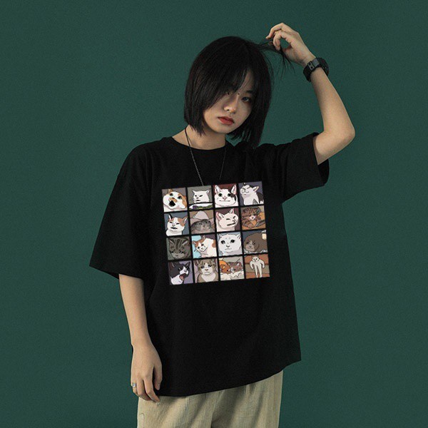 Áo thun Mùa hè Ulzzang Phim hoạt hình Hippie Smiley Kawaii Cat Tshirt Phụ nữ Harajuku