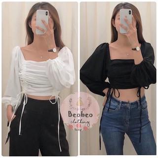 [Ảnh thật] Áo rút dây cổ u tay phồng ulzzang