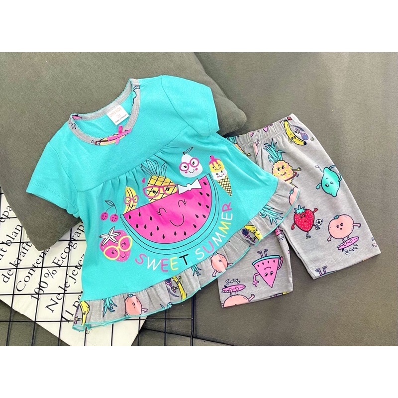 Bộ ngắn tay dáng babydoll quần lửng thun borip xuất khẩu cho bé gái từ 10 đến 22kg - Bộ quần áo trẻ em