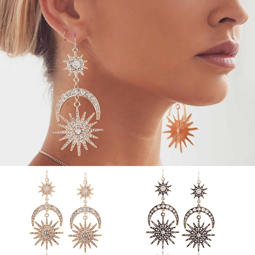 Bông tai nữ đính đá hình mặt trời và mặt trăng độc đáo