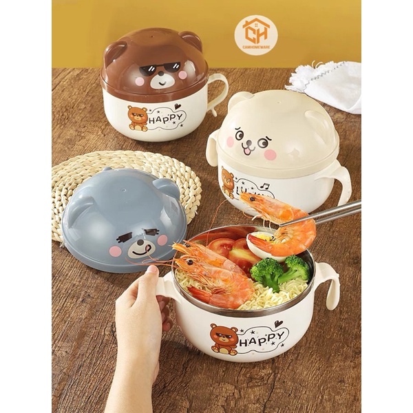 Bát Giữ Nhiệt Chống Nóng Hình Chú Gấu Có Nắp Đậy Kèm Thìa