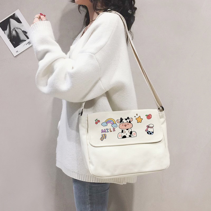 Túi Tote Đeo Chéo Vải Canvas Bò Sữa Phong Cách Ulzzang