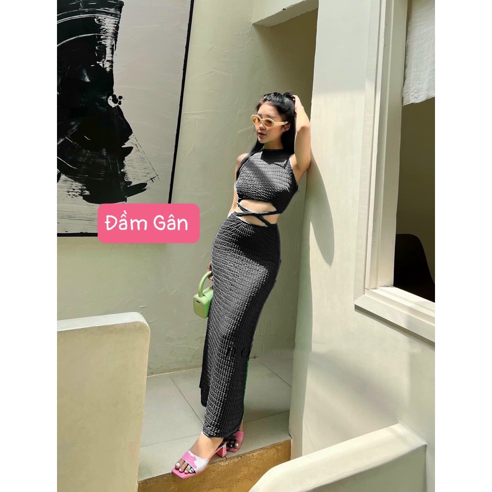 Đầm body midi dáng dài thun gân cổ tròn ba lỗ sát nách phối khoét eo đan dây sexy