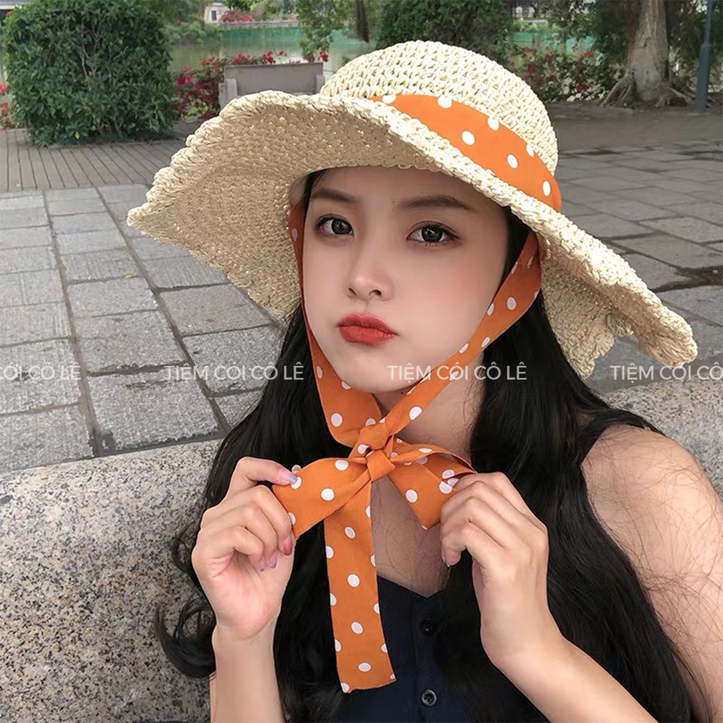 Nón cói rộng vành quai chấm bi đội 2 kiểu đi biển, dã ngoại, chụp ảnh - Tiệm Cói Cô Lê